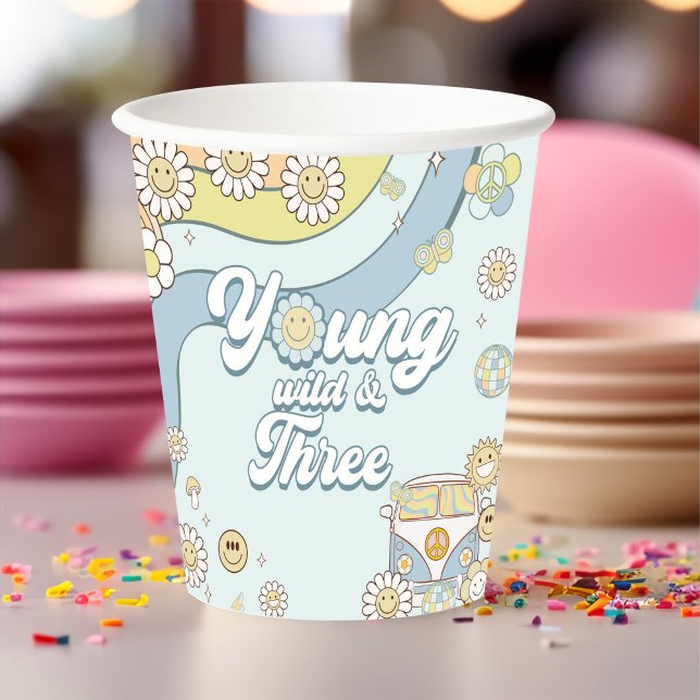 Young Wild Three Retro Rainbow 3rd Birthday Paper Cups (Creator Uploaded)