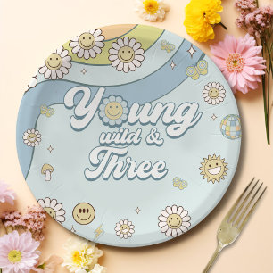 Young Wild Three Retro Rainbow 3rd Birthday Paper Plates