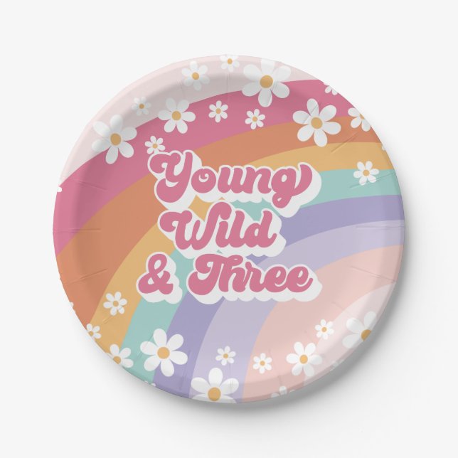 Young Wild Three Retro Rainbow 3rd Birthday Paper Plates (Front)