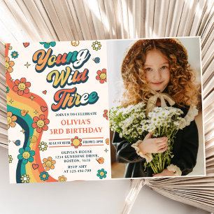 Young Wild Three Retro Rainbow 3rd Birthday Photo Invitation