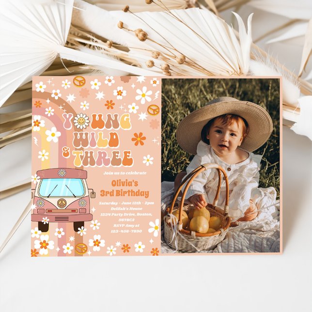 Young Wild Three Retro Rainbow 3rd Birthday Photo Invitation (Creator Uploaded)