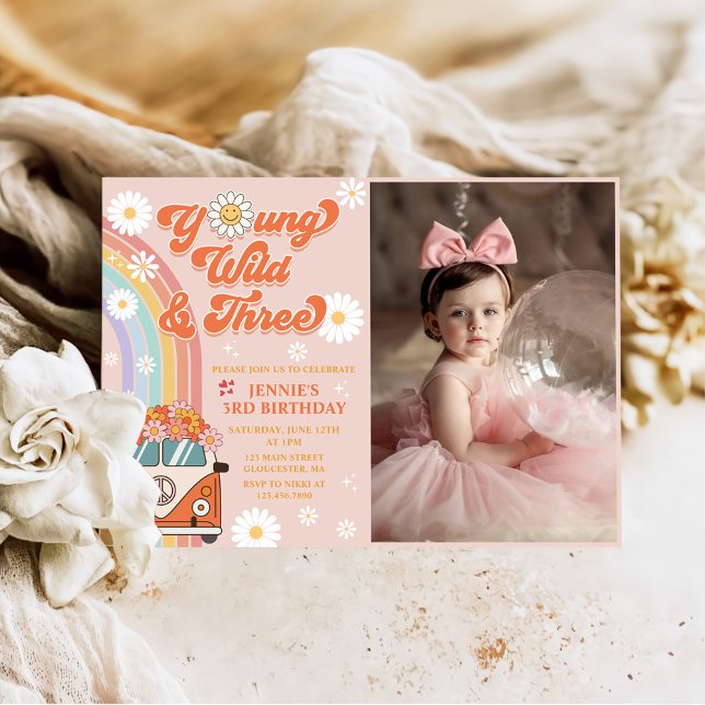 Young Wild Three Retro Rainbow 3rd Birthday Photo Invitation (Creator Uploaded)