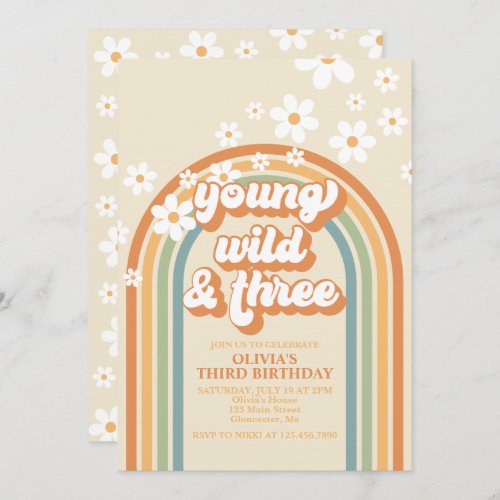 Young Wild Three Retro Rainbow Daisy Birthday Invitation