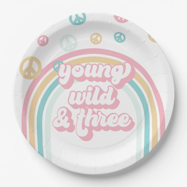 Young Wild Three Retro Summer Rainbow Paper Plates (Front)