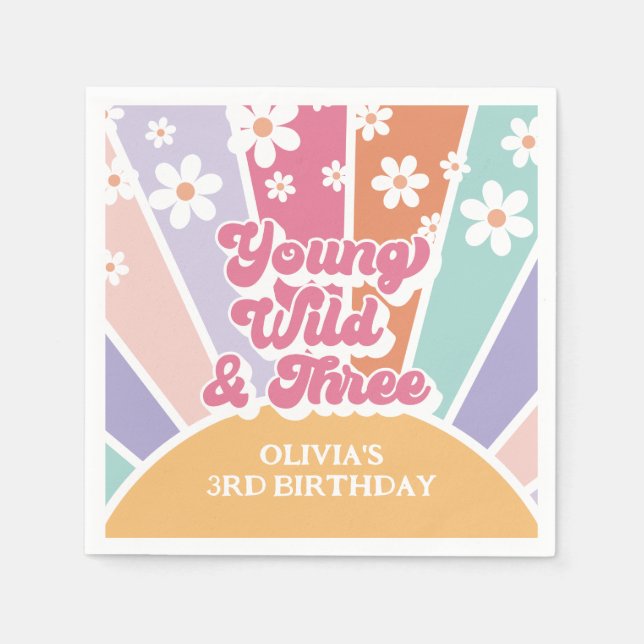 young wild three Retro Sunshine Rainbow Daisy Napkins (Front)