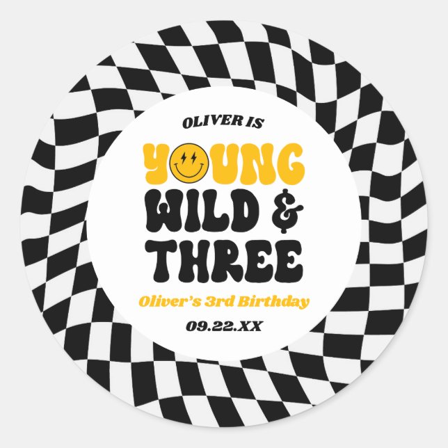 Young Wild & Three Retro Third 3rd Birthday Party Classic Round Sticker (Front)