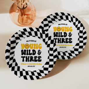 Young Wild & Three Retro Third 3rd Birthday Party Paper Plates