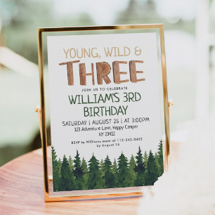 Young Wild & Three Rustic Wood Boys 3rd Birthday  Invitation