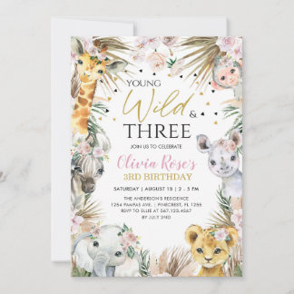 Young, Wild & Three Safari 3rd Birthday Animals Invitation