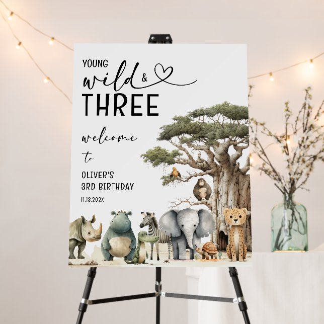 Young Wild Three Safari 3rd Birthday Welcome Sign (In Situ (Stand))