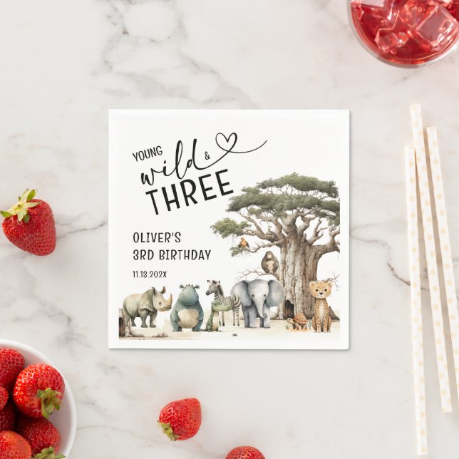 Young Wild Three Safari 3rd Birthday Welcome Sign Napkins (Insitu)