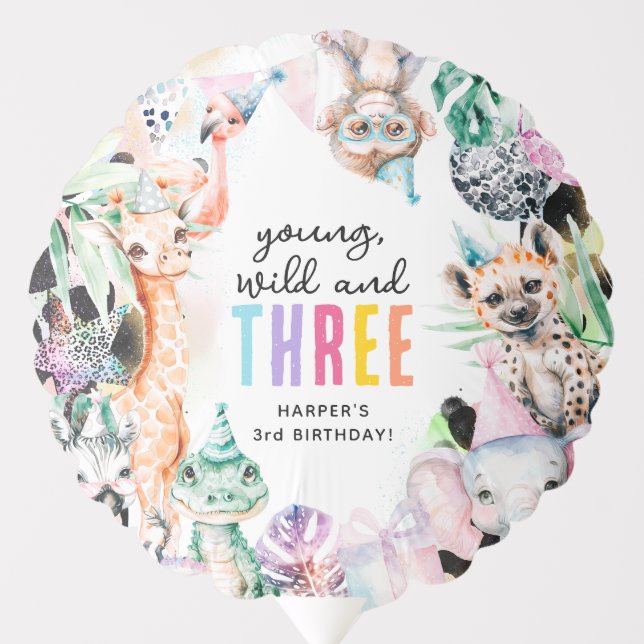 Young Wild & Three Safari Animals 3rd Birthday Balloon (Front)