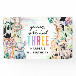 Young, Wild & Three Safari Animals 3rd Birthday Banner