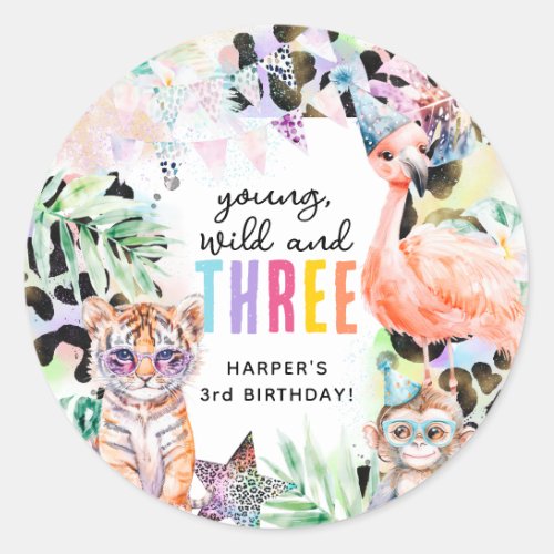 Young Wild  Three Safari Animals 3rd Birthday Classic Round Sticker