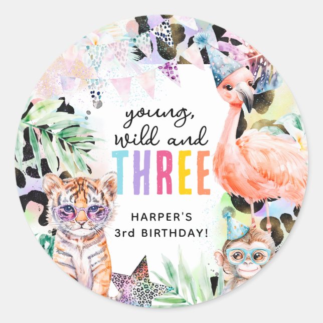 Young, Wild & Three Safari Animals 3rd Birthday Classic Round Sticker (Front)