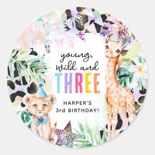 Young Wild  Three Safari Animals 3rd Birthday Classic Round Sticker