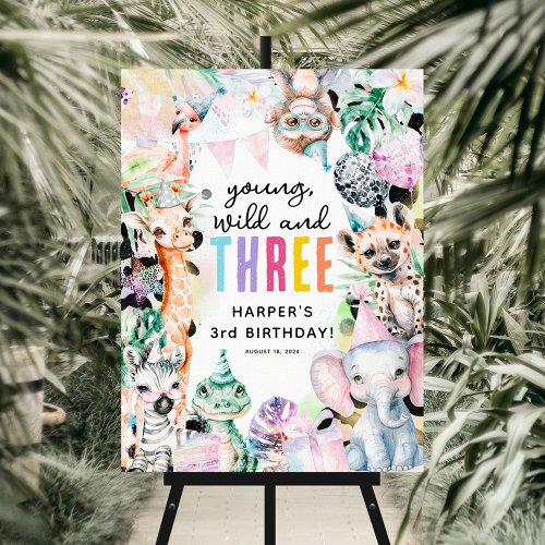 Young Wild  THREE Safari Animals 3rd Birthday Foam Board