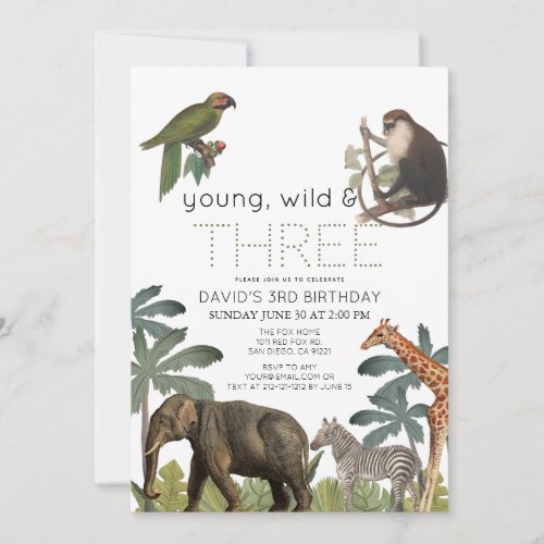 Young Wild  Three Safari Animals 3rd Birthday Invitation
