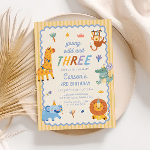 Young Wild & Three Safari Animals 3rd Birthday Invitation