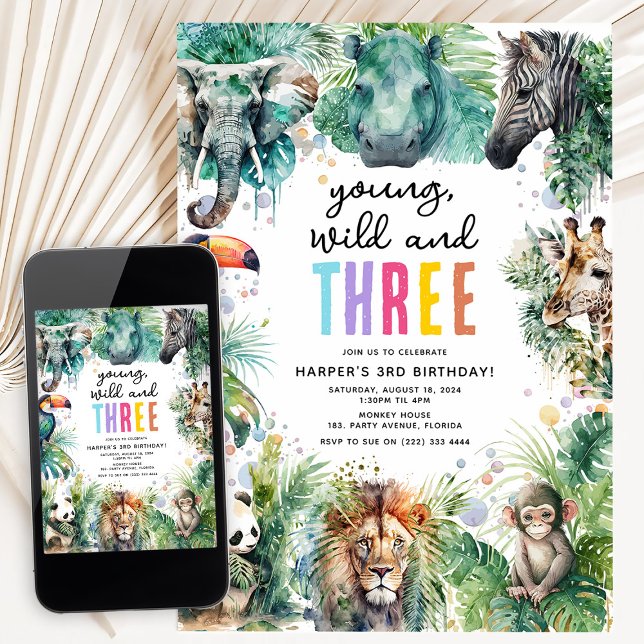 Young Wild & Three Safari Animals 3rd Birthday Invitation (Creator Uploaded)