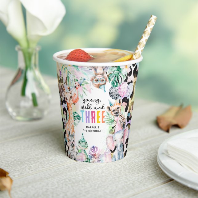 Young, Wild & THREE Safari Animals 3rd Birthday Paper Cups (Insitu)