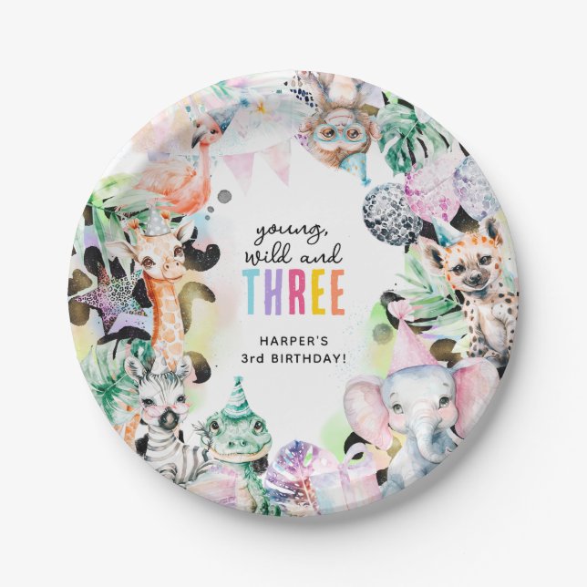 Young Wild & THREE Safari Animals 3rd Birthday Paper Plates (Front)
