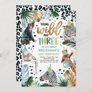 Young Wild & Three Safari Animals 3rd Boy Birthday Invitation