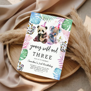 Young Wild & Three Safari Animals Birthday Invitation