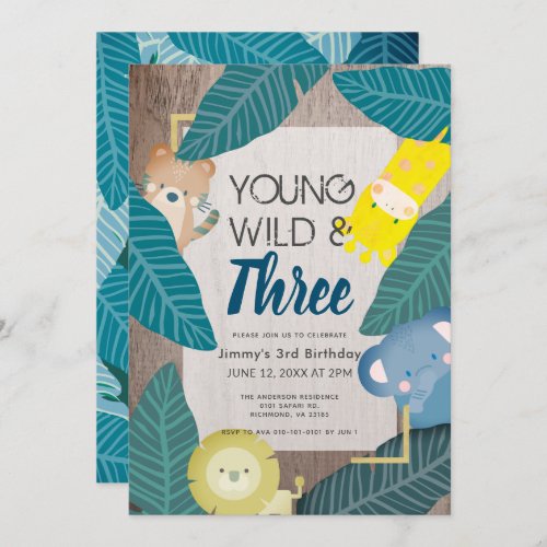 Young Wild  Three Safari Animals Boy 3rd Birthday Invitation