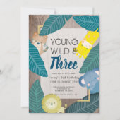 Young Wild & Three Safari Animals Boy 3rd Birthday Invitation (Front)