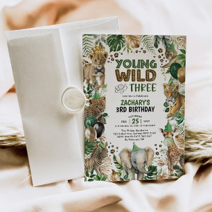 Young Wild & Three Safari Animals Boy 3rd Birthday Invitation