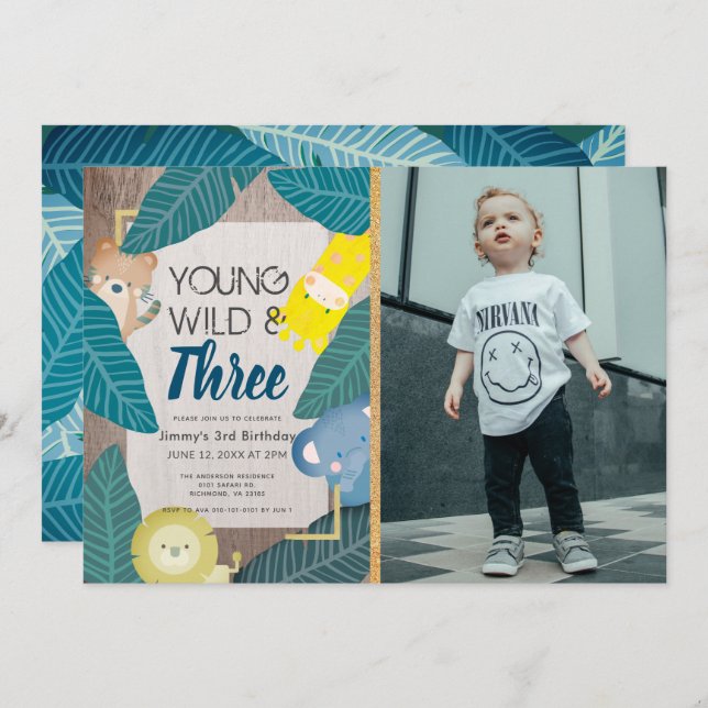 Young Wild & Three Safari Animals Photo Birthday Invitation (Front/Back)