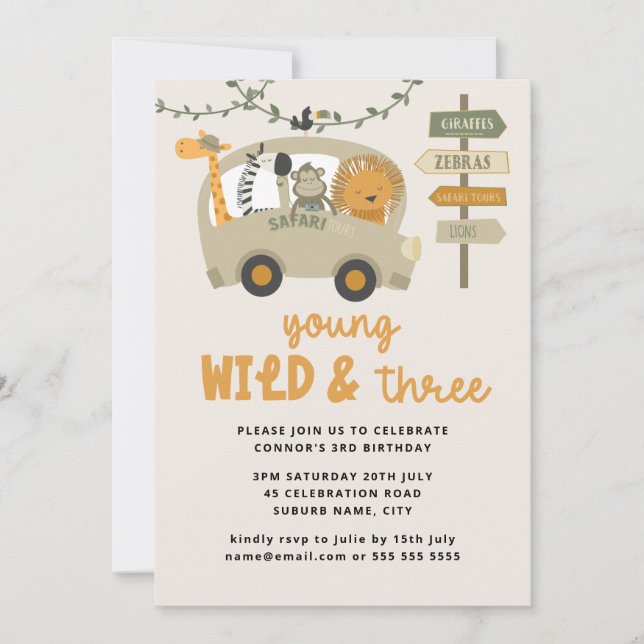 Young, Wild & Three Safari Animals Third Birthday Invitation (Front)