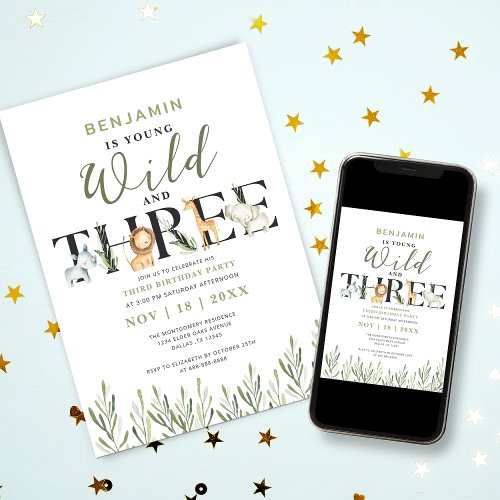 Young Wild  Three Safari Boy 3rd Birthday Party Invitation