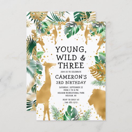 Young Wild Three Safari Gold Green 3rd Birthday Invitation
