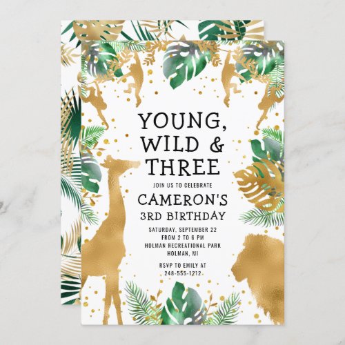 Young Wild Three Safari Gold Green 3rd Birthday Invitation
