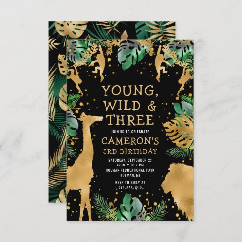 Young Wild Three Safari Green Black 3rd Birthday Invitation