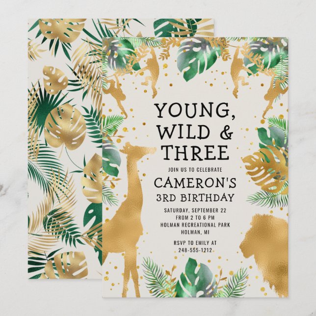 Young Wild Three Safari Green Ecru 3rd Birthday Invitation (Front/Back)