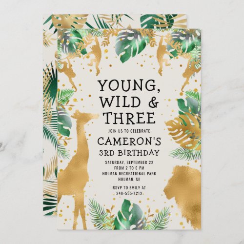 Young Wild Three Safari Green Ecru 3rd Birthday Invitation