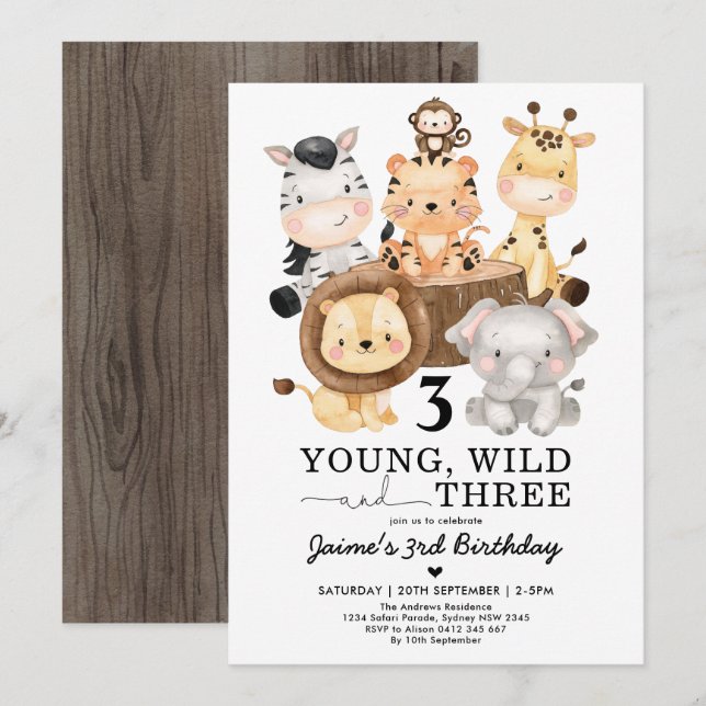 Young Wild & Three Safari Jungle 3rd Birthday Invitation (Front/Back)