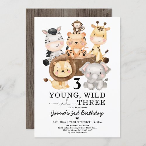 Young Wild  Three Safari Jungle 3rd Birthday Invitation