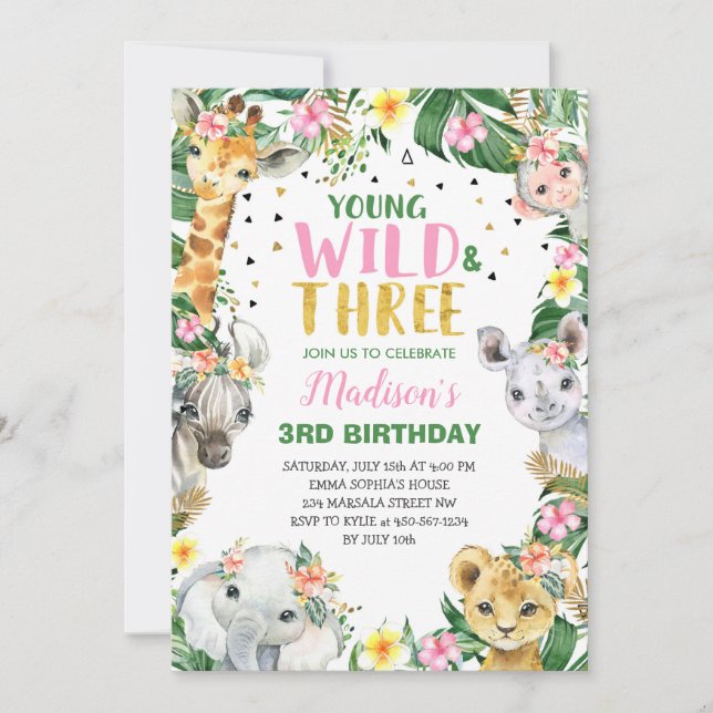 Young Wild & Three Safari Jungle Invitation Party (Front)