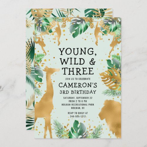 Young Wild Three Safari Pastel Green 3rd Birthday Invitation