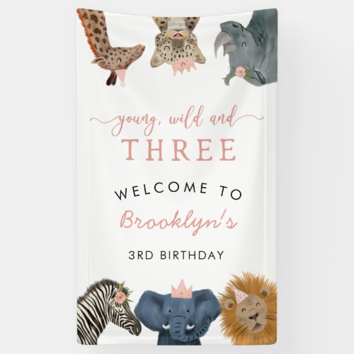 Young Wild Three Safari Theme Girls 3rd Birthday  Banner