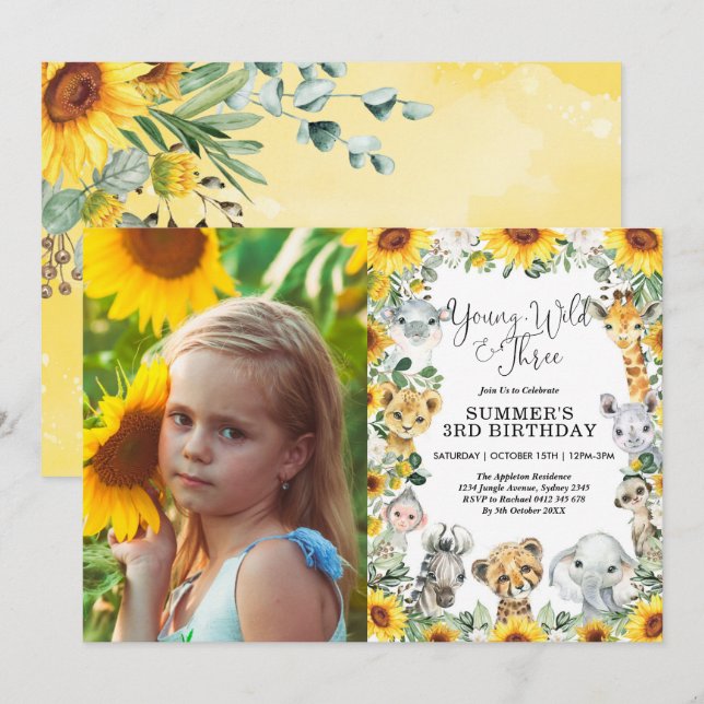 Young Wild & Three Sunflower Safari 3rd Birthday Invitation (Front/Back)