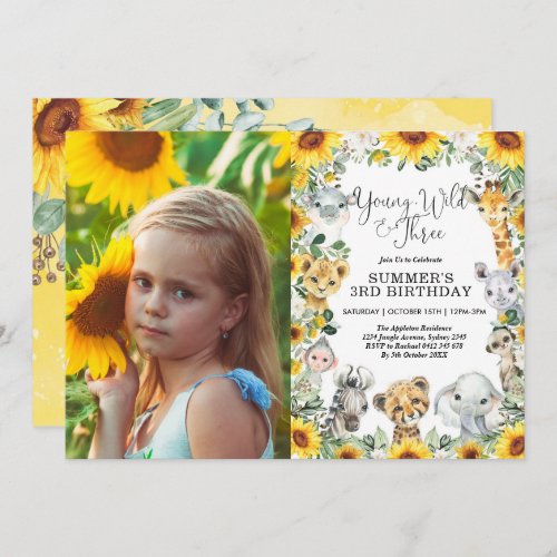 Young Wild  Three Sunflower Safari 3rd Birthday Invitation