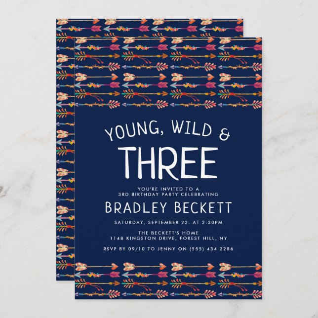 Young, Wild & Three Tribal Boho Arrows Birthday Invitation (Front/Back)