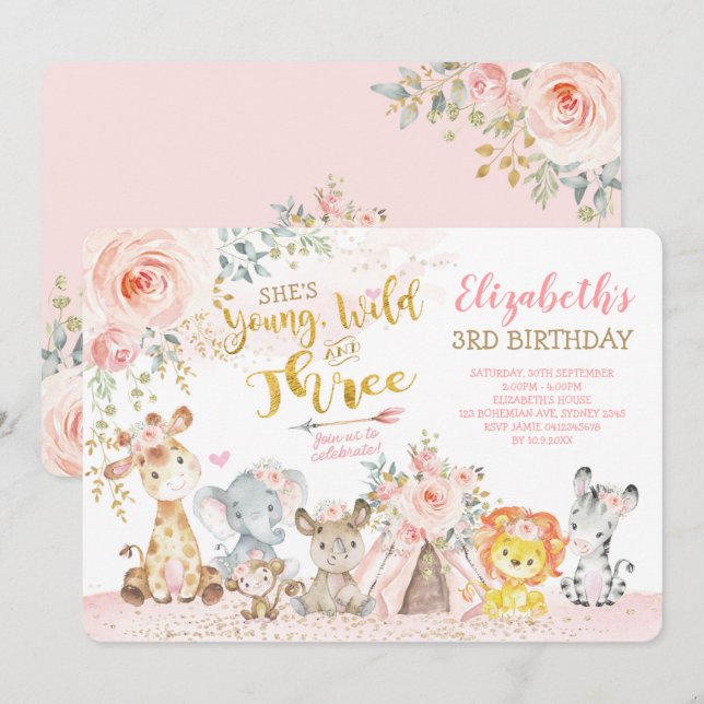 Young Wild & Three Tribal Jungle Girl 3rd Birthday Invitation (Front/Back)