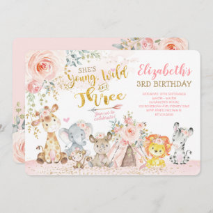 Young Wild & Three Tribal Jungle Girl 3rd Birthday Invitation