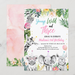 Young Wild & Three Tropical Safari Girl Birthday Invitation